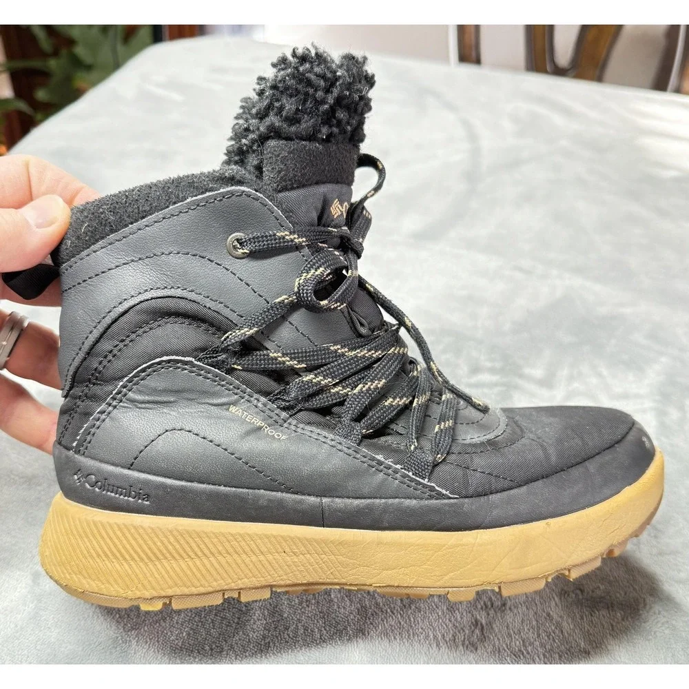 Columbia Boots Womens Size 6 Black Waterproof Winter Snow Faux Fur Ankle Lace Up